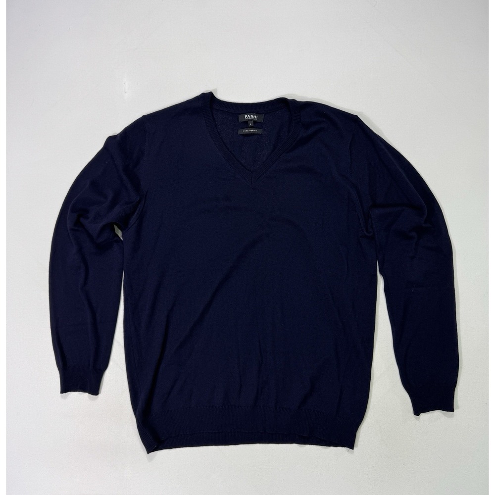 Nicole Farhi Men Large Blue V-Neck Merino Wool Sweater Lightweight Italy